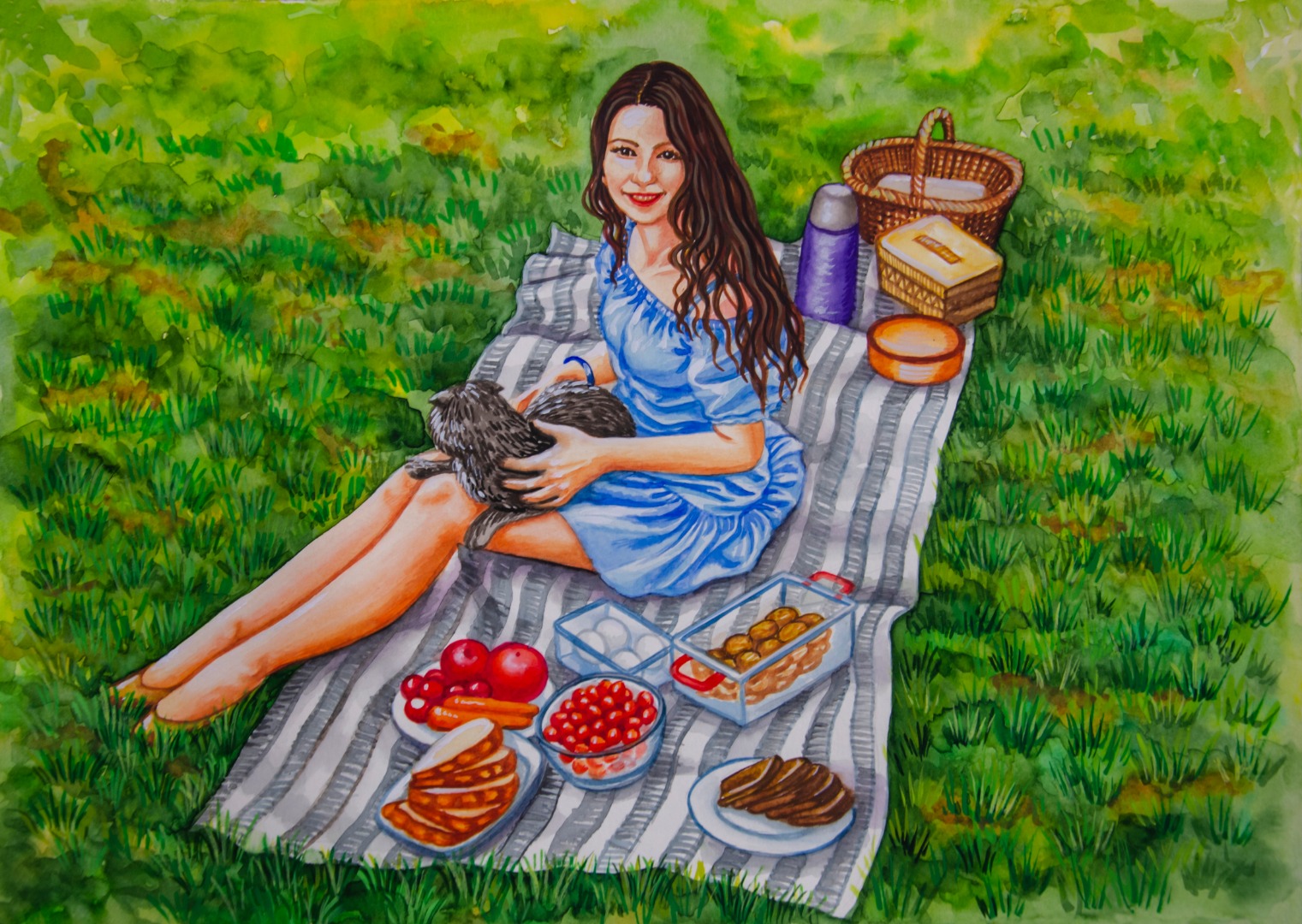 Watercolor painting - a girl on a picnic is sitting on a plaid on the grass, next to her is food.jpg